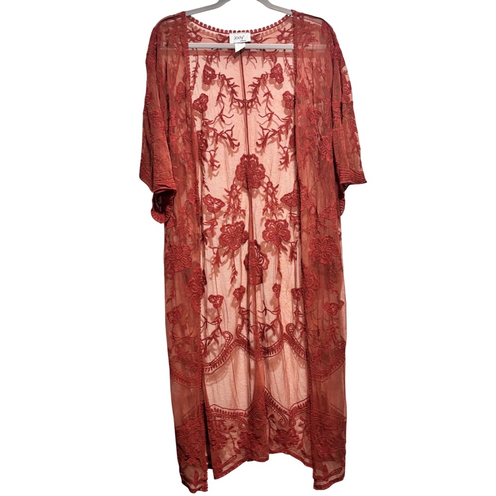 Jody California Rust Floral Embroidered Mesh Duster Cardigan SM
